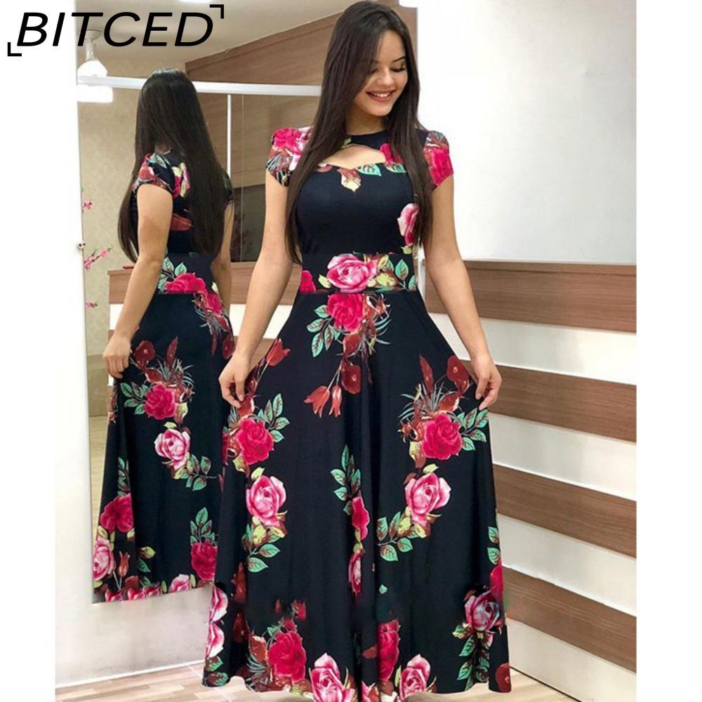 

BITCED Богемное платье с цветочным принтом, с длинным рукавом, женское, весна-осень, длинные платья, круглый воротник, большой клёш XL