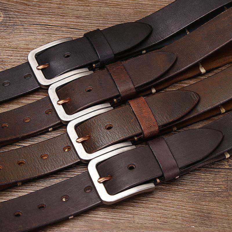 Thick Thread Decorative Genuine Leather Pure Cowhide Personality Trendy Versatile Men's Pin Buckle Jeans Belt