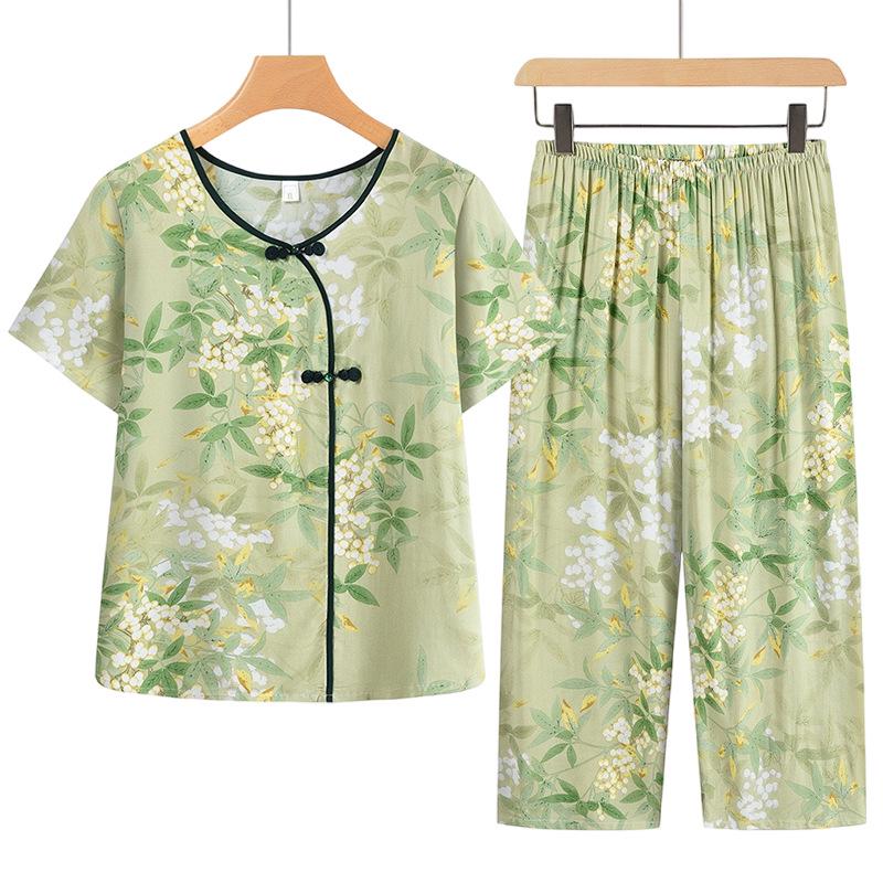

Summer Casual Grandma Two-Piece Set: Printed Short Sleeve Top + Long Pants for Middle-Aged & Elderly Women 4XL (140-160 jin)