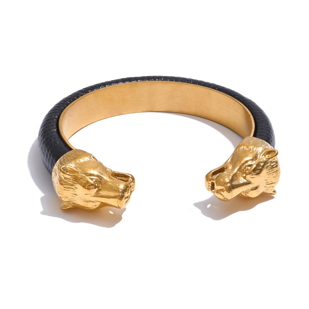 Yhpup 62mm Vintage Leather Wolf Personality Fashion Cuff Open Bracelet Bangle for Men Stainless Steel Wrist Wide Jewelry