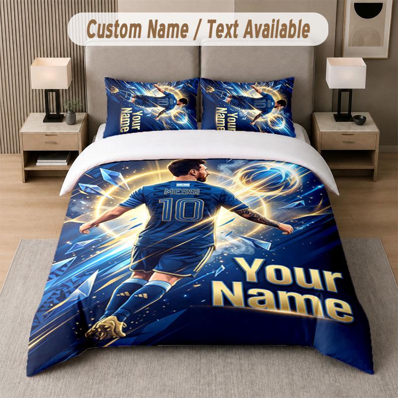 Custom Bedding Set Lionel Messi Pattern, Print Name Text 1 Duvet Cover plus 2 Pillowcases Home Textile