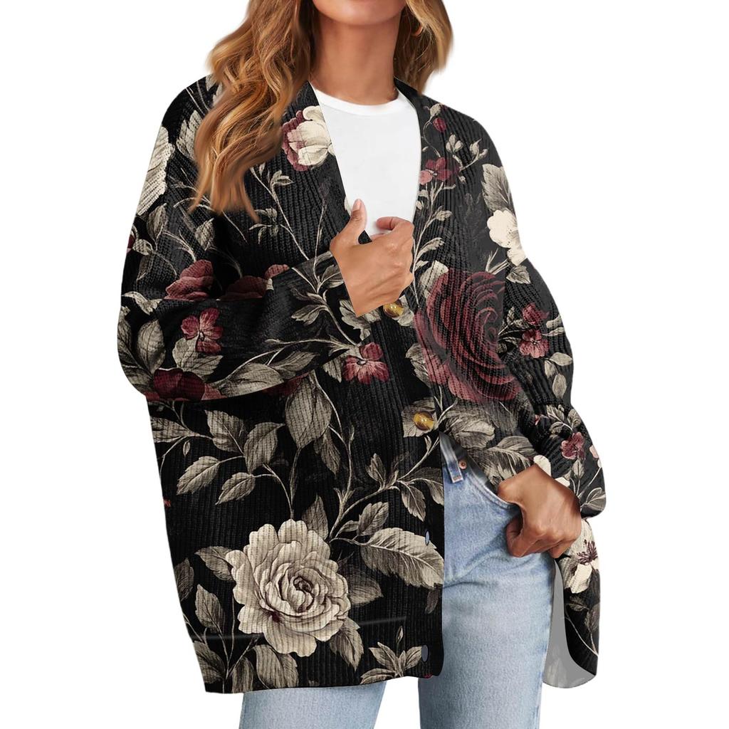 Women's Fashion Long Sleeve Print V-Neck Button Loose Cardigan Top