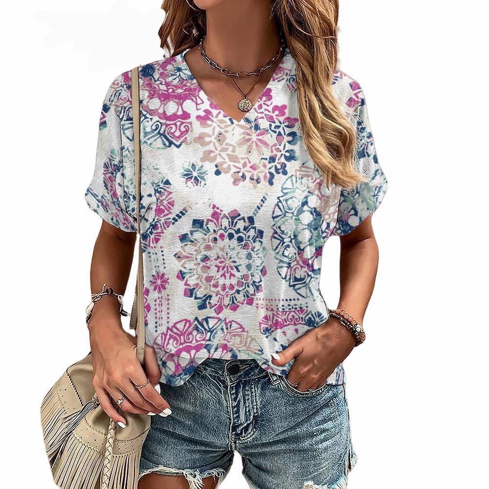 Bohemian Pattern 3D Printed T-shirt for Women's Summer V-neck Short