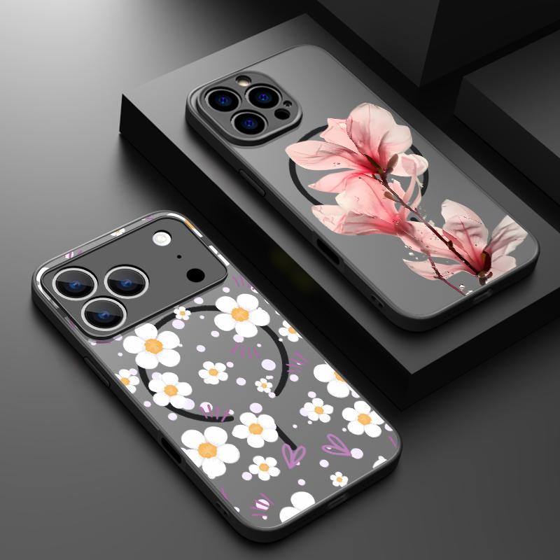 Thin Ring Magnetic For Magsafe Case For iPhone 17 Pro Max Case iPhone 16 15 14 13 Pro Max 17E Daisies Flowers Print Hybrid TPU+PC Matte Cover