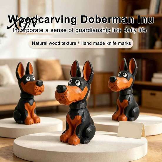 Creative Wooden Craft Doberman Ornament, Hand Carved Sculpture, Cute Handcrafted Dog Statue Figurine for Home Shelf And Entryway Basswood Decor