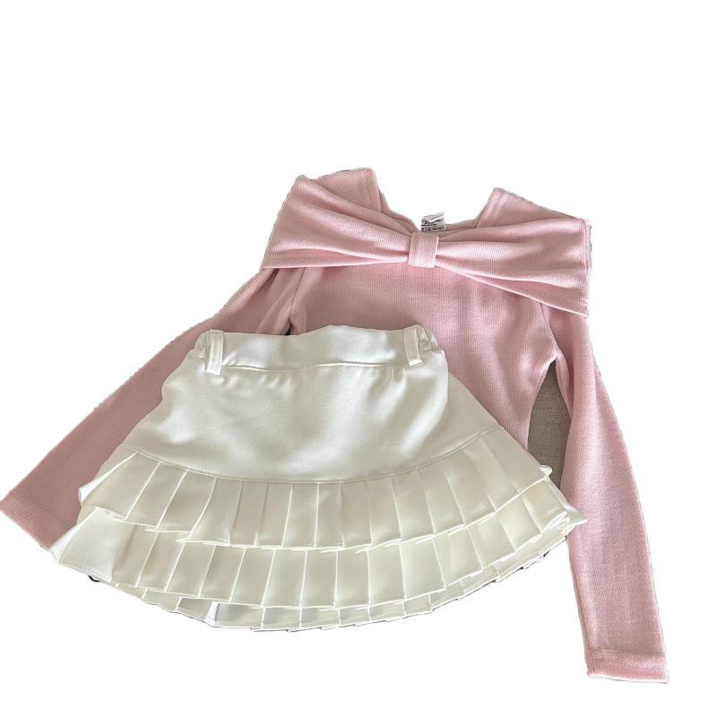 Korean Spring/Summer 2025 Girls' Bow Shirt & White Pleated Skirt Pants Set