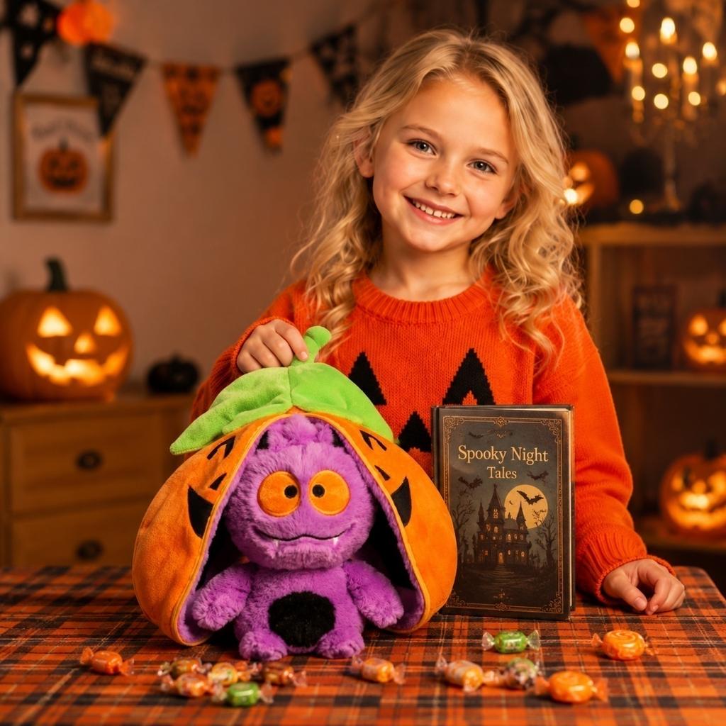 Halloween Pumpkin Plush Toy with Zipper Storage Soft Stuffed Animal Doll Halloween Decoration Gift for Kids and Adults