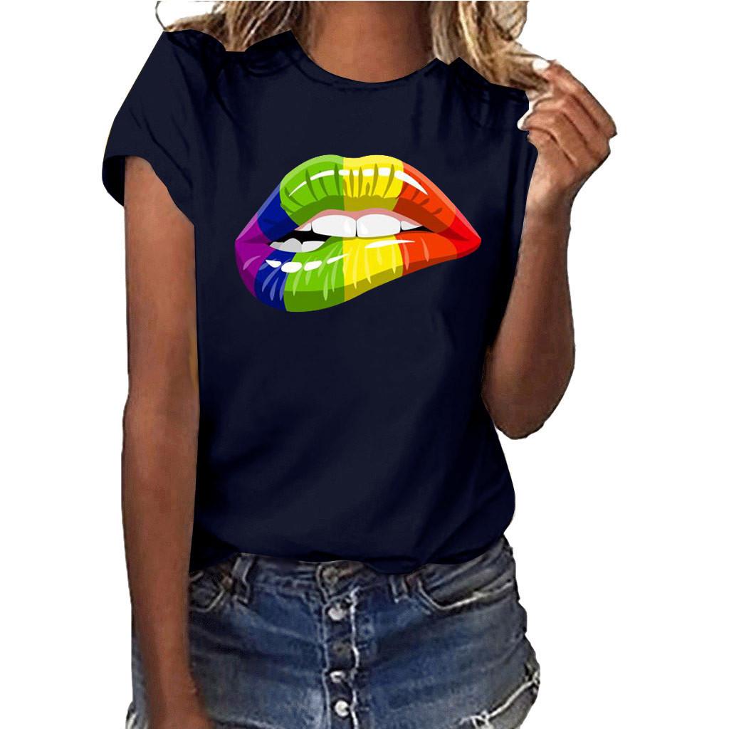Women Girls Plus Size Lips Print Shirt Short Sleeve T Shirt Blouse Tops