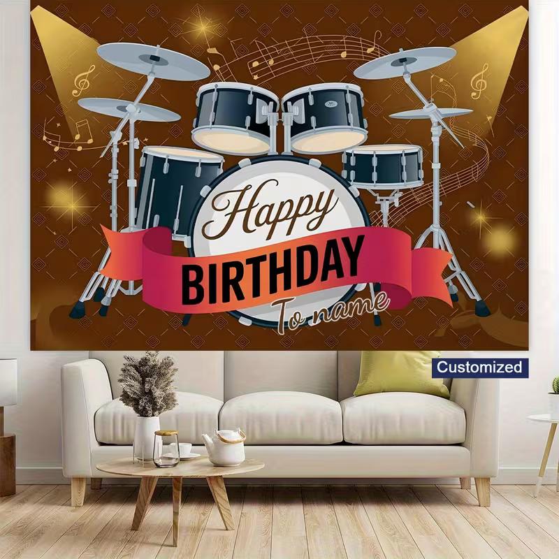 Custom Rock Birthday Background, Drum Set Happy Birthday Banner for Boys Music Themed Birthday Parties