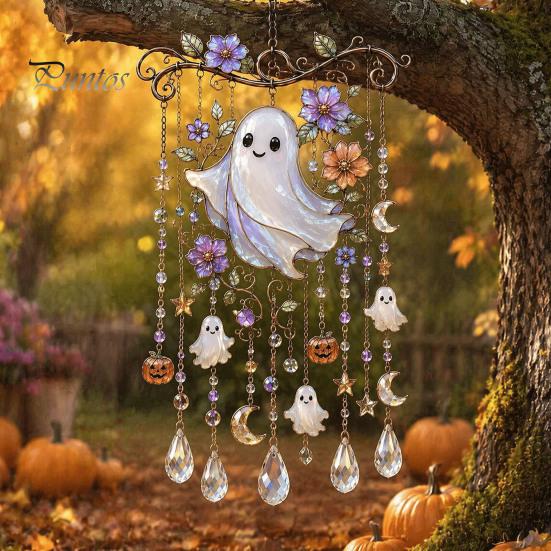 Whimsical Bat And Black Cat Decor Halloween Acrylic Wind Chime Pendant, Crystal Suncatcher Hanging Ornaments, Decorative Chimes Outdoor Window
