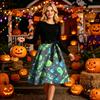 Women Crew Neck Halloween Print Dress Long Sleeve Casual A Line Midi Dress with Belt and Themed Pattern for Holiday Events