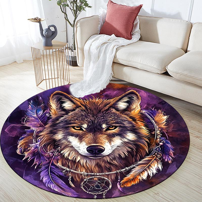 Wolf Dreamcatcher Round Area Rug,Carpet Rug for Living Room Bedroom Sofa Playroom Decor,Non-slip Floor Mat