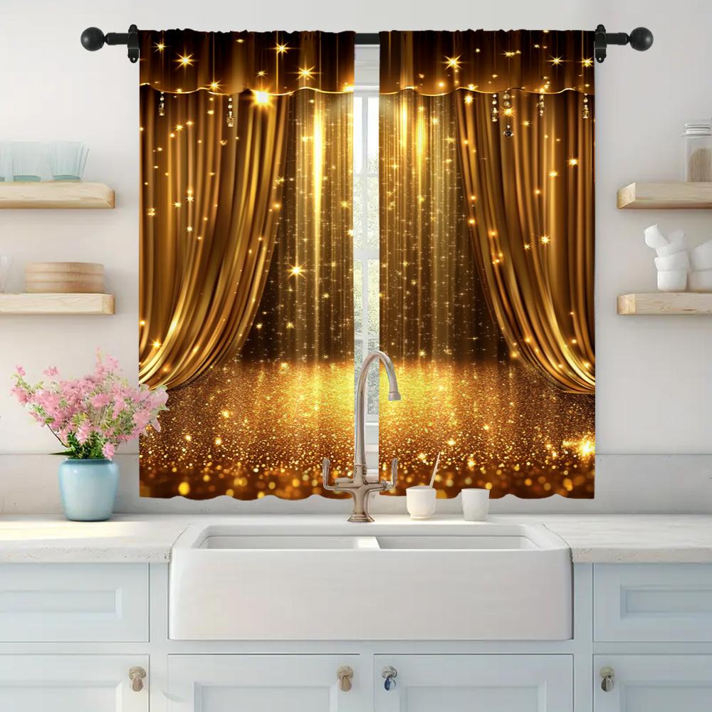 2pc,  Window Drapes Luxurious Golden Theater Stage Versatile Fabric,Without Electricity Summer Party Decorations Use for Hotel
