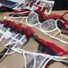 Spitzen-Netz-Set Damen Dünner Transparenter BH Strumpfhalter Tanga 3-teilige Dessous in Schwarz Weiß Rot