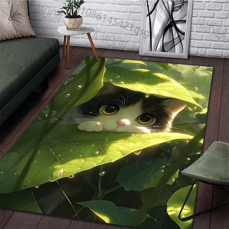 Multiple sizes Cat hiding under leaves Carpet for Living Room Bedroom Sofa Home Decor Rus Non-slip Floor Mat Luxury Gift