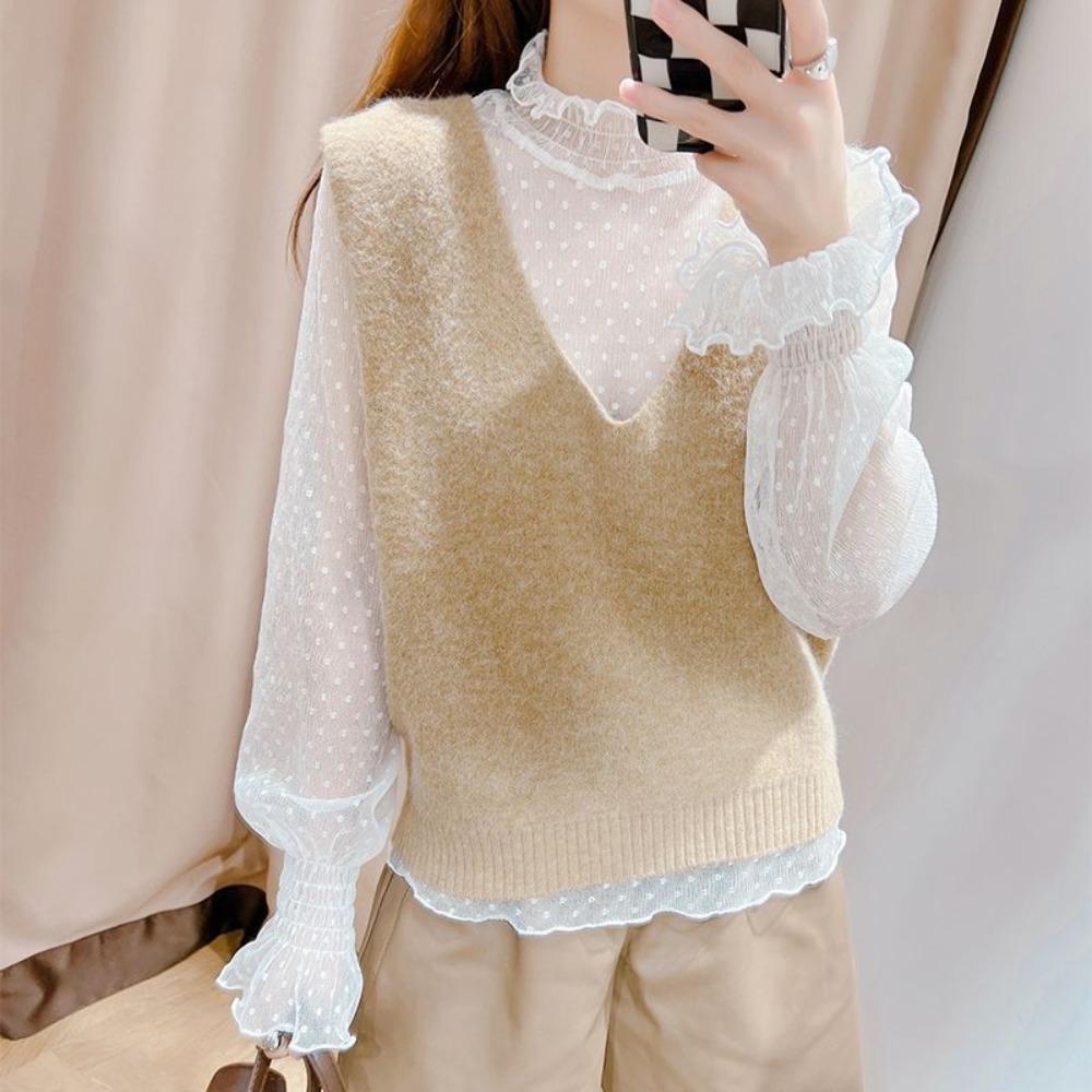 Women T-Shirt See Through Transparent Mesh Tops Long Sleeve Sheer Slim Ladies Turtleneck Silk Ruffled Edge T Shirt Lace Crop Top