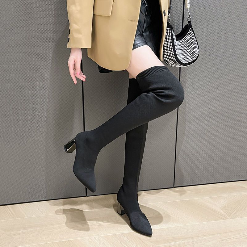 Fashion Pointed-toed Over-the-knee Boots for Women, New Elastic Boots In Autumn and Winter 2025, Thick-heeled Flying-woven High-heeled Boots for Women