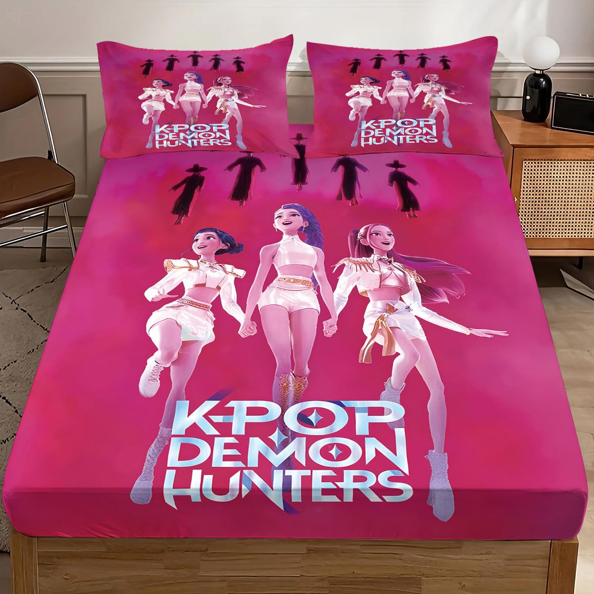 

3 шт. K-Pop Охотники на демонов Принт Бессердечный Комплект простыней на резинке Разные размеры Мягкое покрывало для кровати Декор для спальни Машинная стирка 90x191cm