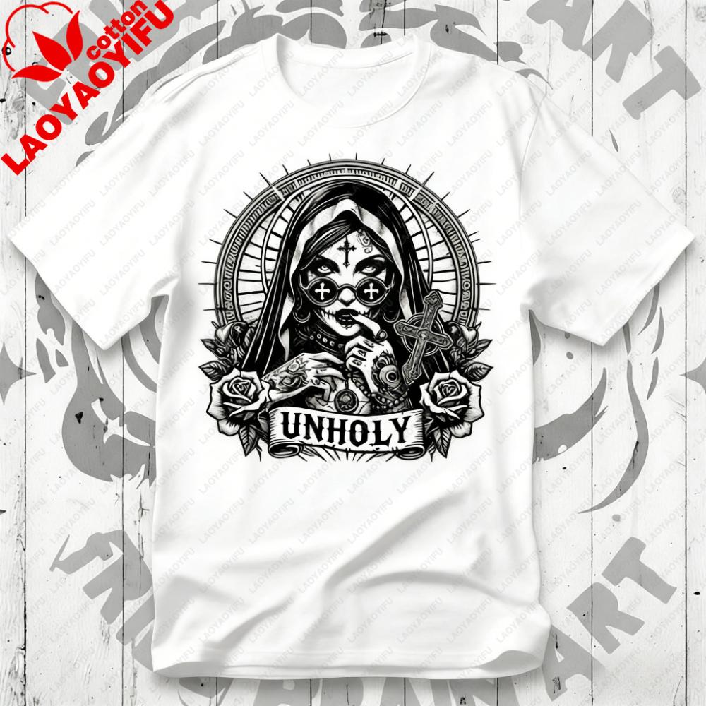 Unholy Nun T-Shirt Gothic Satan Baphomet Halloween Shirt Vintage Ästhetik Kleidung Grafik T-Shirts Y2k Oberteil Hohe Qualität Baumwolle