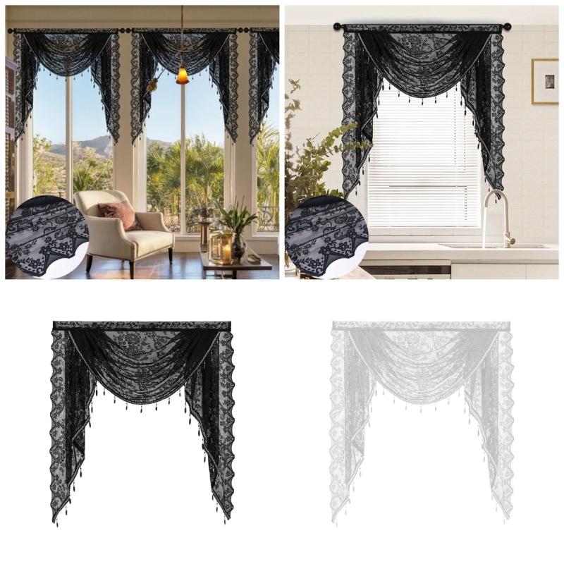 Translucents Laces Window Valance with Beadeds Fringes and Florals for Soft Light and Privacy in Bedrooms or Living Room