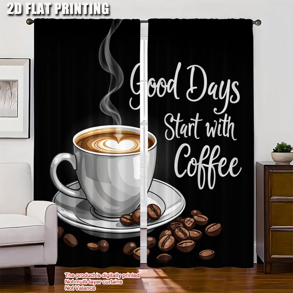 Flat Printing Window Curtains Good Days Coffee Starts Polyester Without Electricity Family Party Curtain Set Of 2 Made Washable