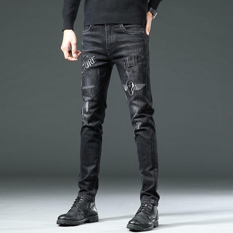 Černé džíny pánské podzimní high-end trendový potisk výšivkou Tenké jarní a podzimní modely small foot jeans kalhoty