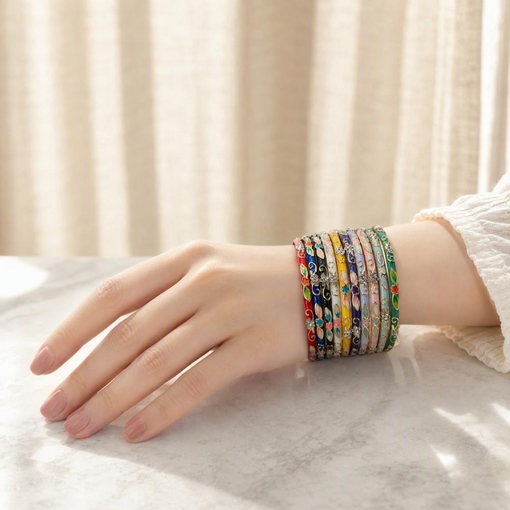 Colorful Chinese Flower Bangle Thin Women's Hand Bracelet Bohemian Vintage Cloisonne Bangle Girls