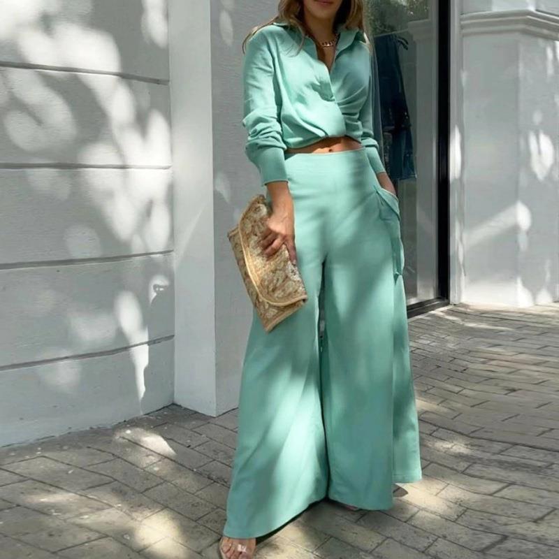 2026 Womens Solid Color Loose Wide Leg Pants Set Casual Elegant Office Wear Long Sleeve Cardigan Outfit