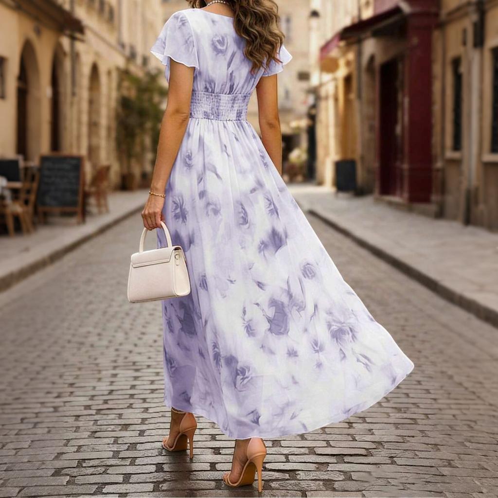 Women's V Neck Ruffle Sleeve Floral Print Waist Cinch Maxi Dress Lightweight Chiffon Elegant Vacation Dress