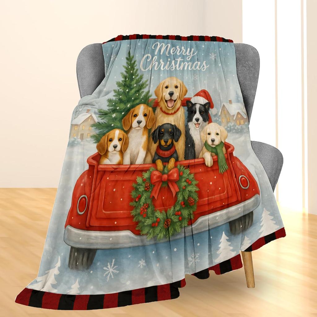 Christmas Dogs Blanket, Soft Lightweight Flannel Cute Puppies in Red Truck Throw Blanket for Couch, Bed, Travel & Home Decor