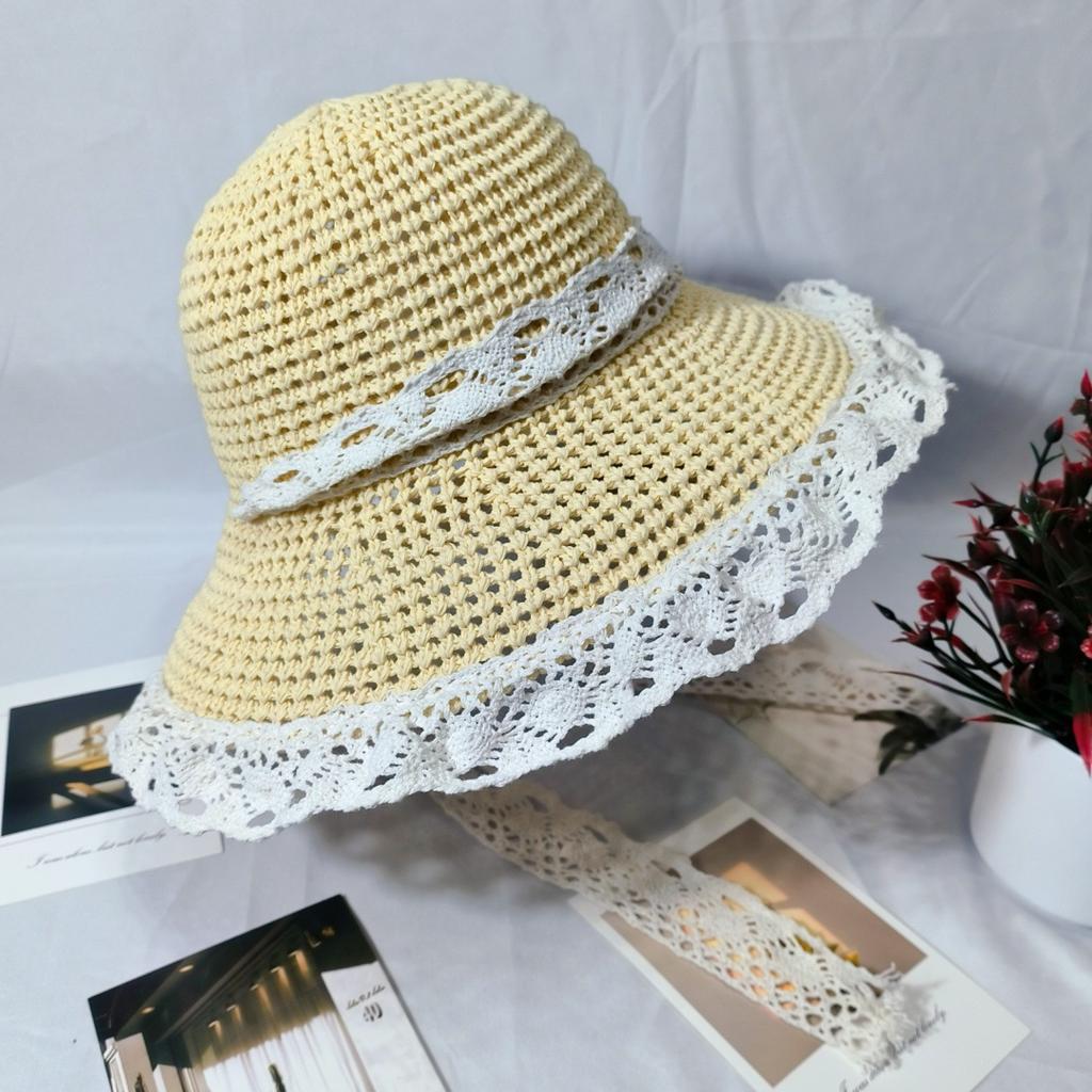 Straw hat women's summer breathable hollow sunscreen hat outdoor sun hat sun hat bucket hat small versatile lace