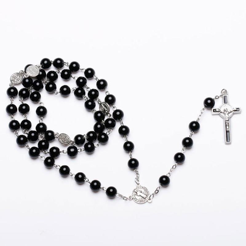Catholic Black Rosary Beads Necklace For Women Men Cross Long Pendant Necklaces Praying Religious Zircon Church Gifts Rosarios