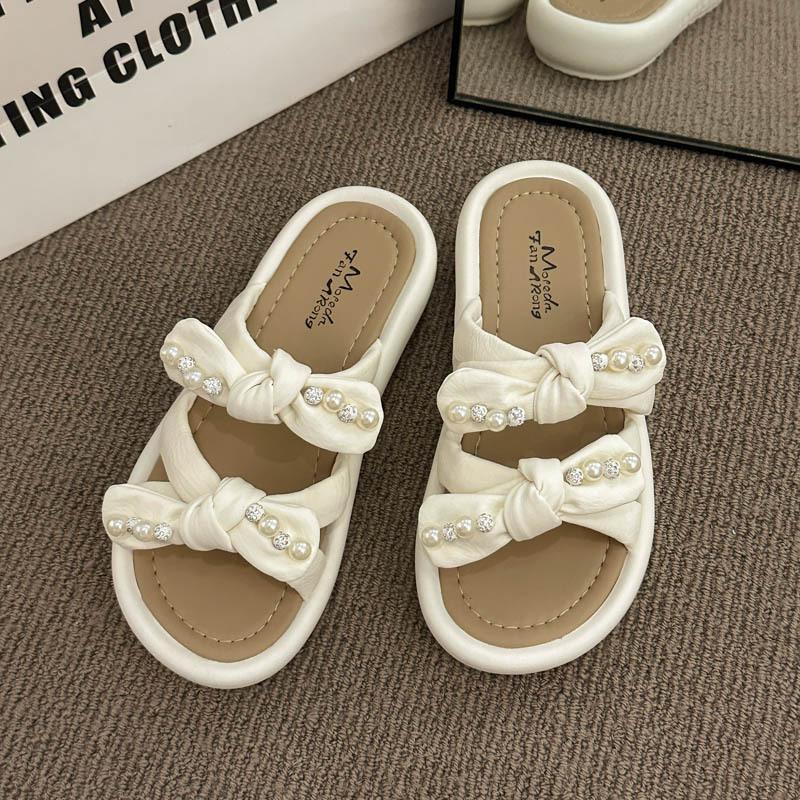 Gentle bow beautiful cool slippers women's summer wear new with skirt beach soft flat bottom one-word slippers