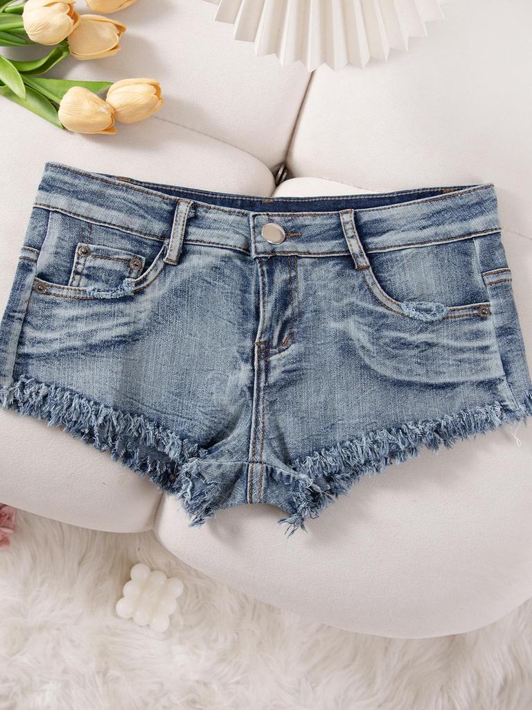 2024 Summer European & American Low-Waist Ripped Women's Denim Hot Pants