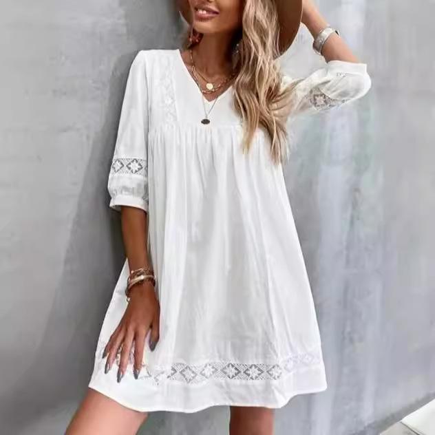 Vestito Corto Casual A Line da Donna con Scollo a V, Maniche a Tre Quarti e Inserti in Pizzo, Vestibilità Ampia