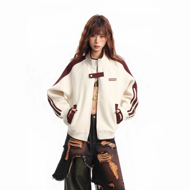 Womens Oversized Zip-Up Stand Collar Jacket With Color Block Design Streetwear Coat Fall Winter