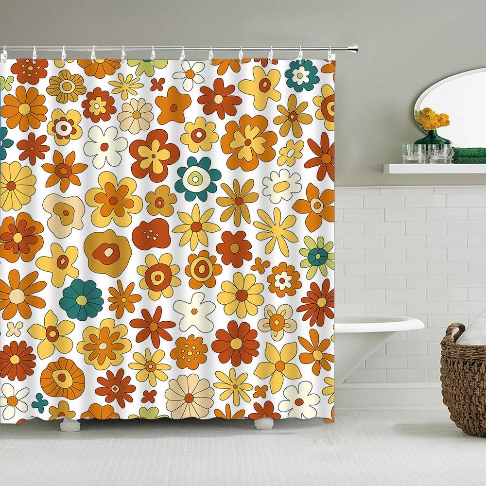 

Vintage Rainbow Floral Shower Curtain 70s Colorful Stripe Fun Elegant Bohemian Abstract Style Bathroom Decoration Shower Curtain 300x180cm-118x70in