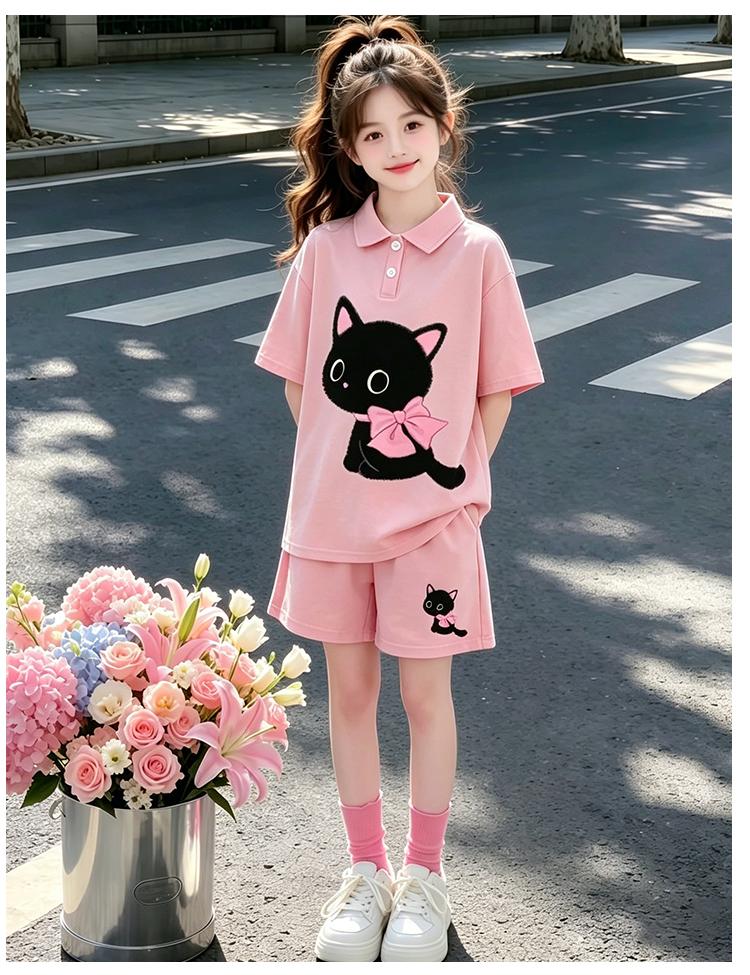 Girls' Summer Outfit Set, New Trendy and Thin Style, Girls' Polo Shirt Short-sleeved Sports Two-piece Set