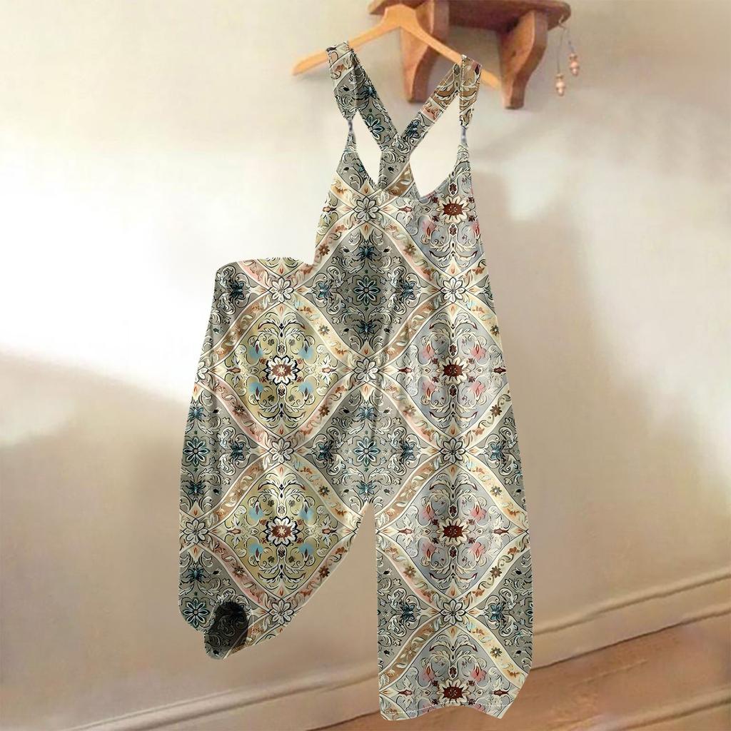 Damen Sommer Overalls Blumendruck Vintage Jumpsuit (Nicht verstellbare Träger)