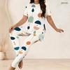 Women Plus Size Two Piece Set Round Neck Short Sleeve Printed Long Top Fitted Long Pants