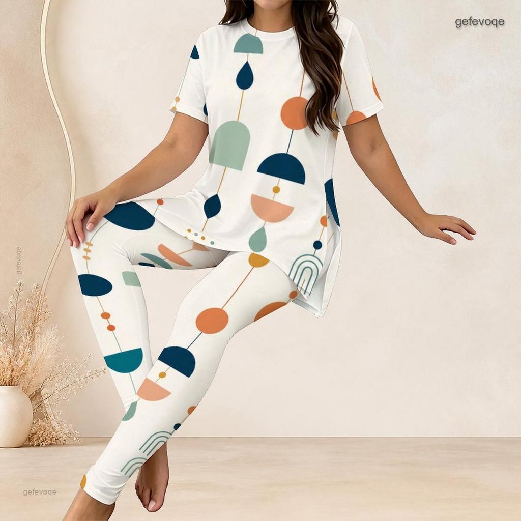 Women Plus Size Two Piece Set Round Neck Short Sleeve Printed Long Top Fitted Long Pants