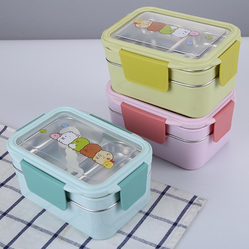 Portable Stainless Steel Lunch Box Double Layer Cartoon Food Container Box Microwave Bento Box for Kids Children Picnic School