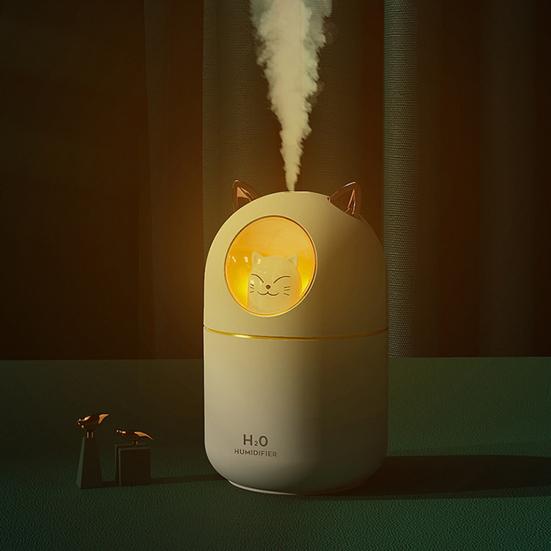 Umidificator USB Capacitate Mare 2 Moduri de Pulverizare Oprire Automată Zgomot Redus Umidificator de Aer în Formă de Pisică Difuzor de Uleiuri Esențiale cu Lumină de Noapte