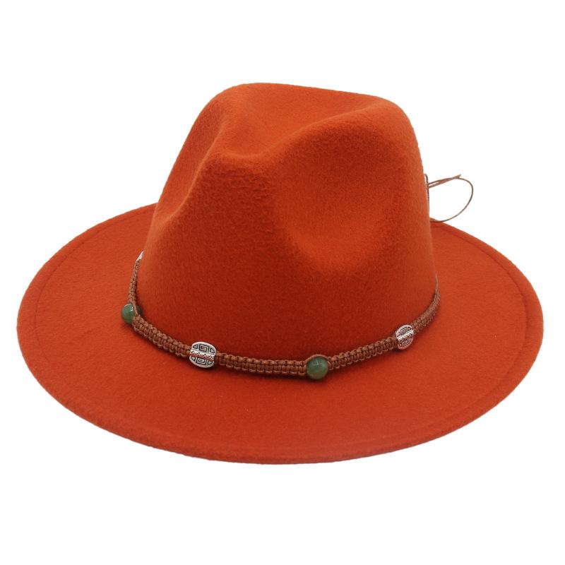 2023 New Top Hat Jade Accessories Woven Fleece Belt Foreign Trade Jazz Hat Big Eaves Show Small Face Big Head Circle Felt Hat
