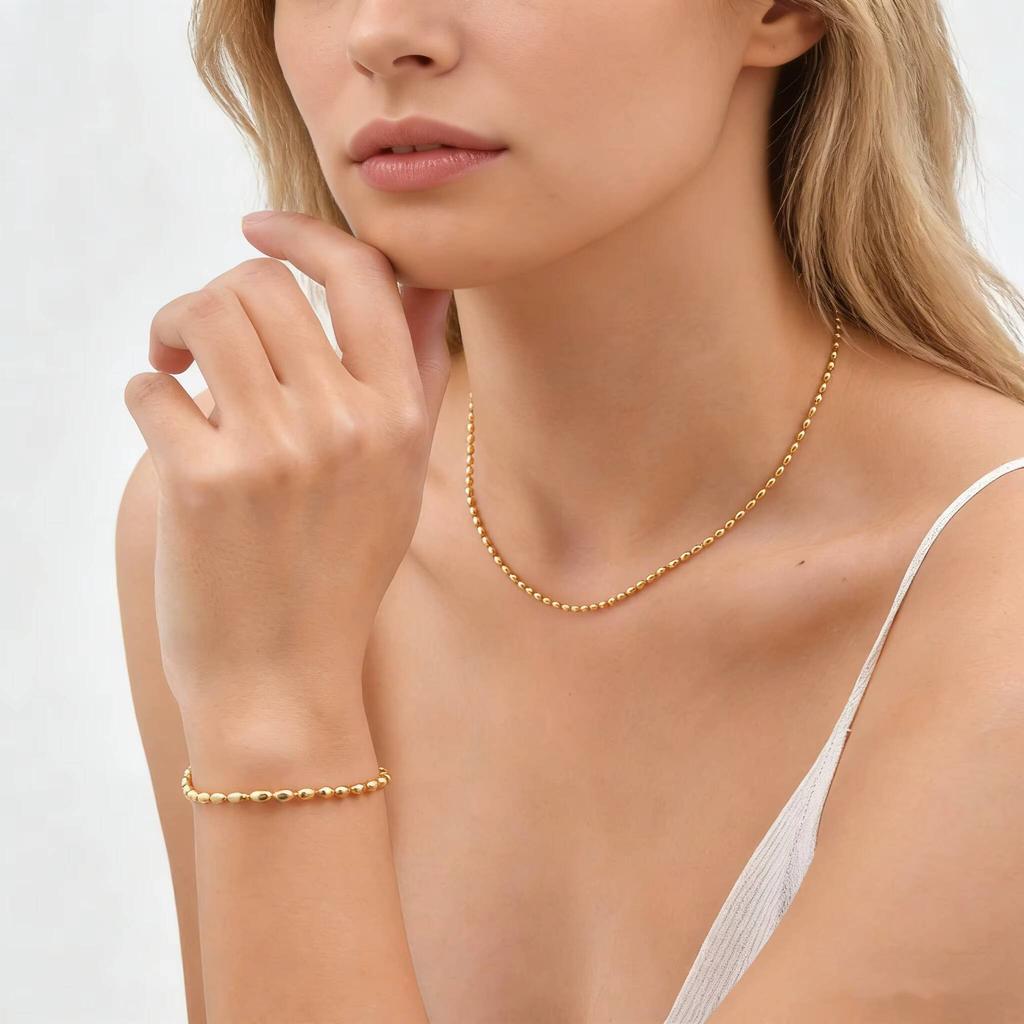 Vnox 18K Gold Plated Luxury Classic Oval Beads Chain Necklace Bracelet Set, Trendy Stainless Steel Jewelry for Women Girl Gifts