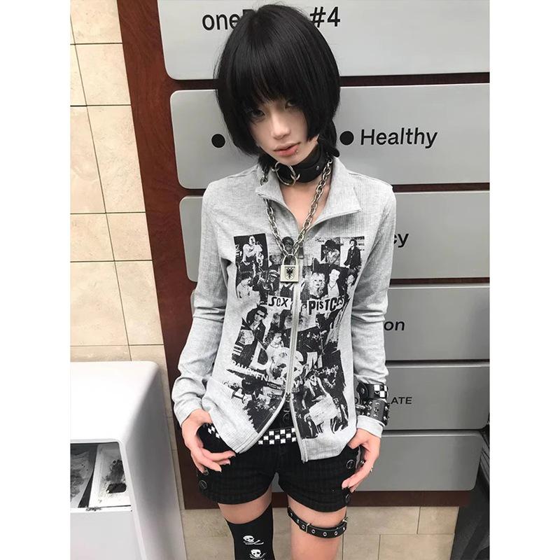 Jinliang Women's Ribbed Velvet Retro Punk Zip-Up Cardigan