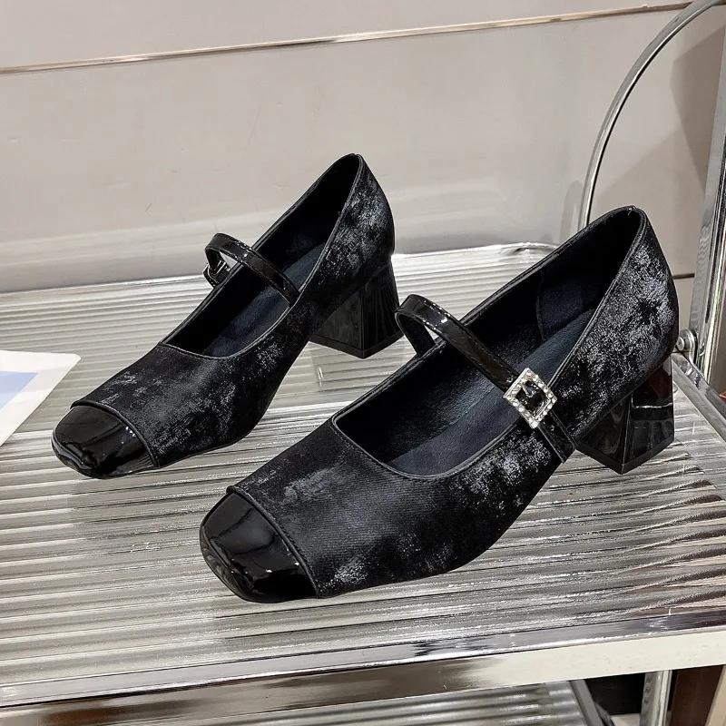 

Fashion Spring New Coarse Heel Shoes Women s Fashion Square Head Splicing Shallow Mouth Leopard Print Non-slip Low Top Shoes 41 чёрный