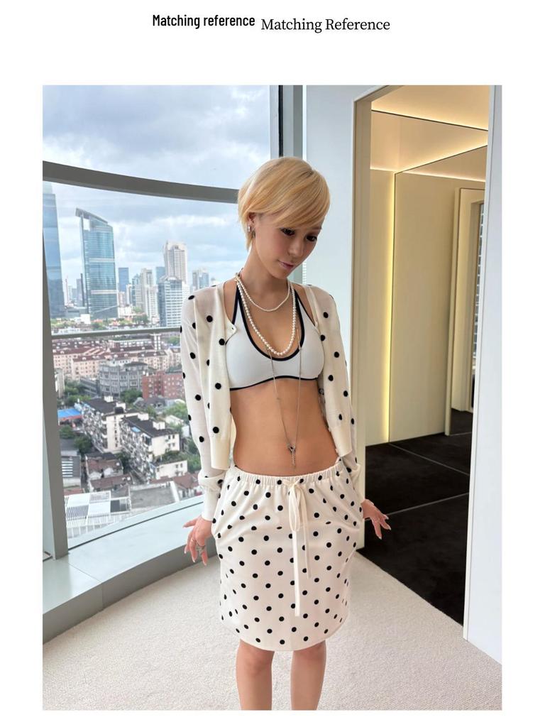 Women's Elegant Apricot Polka Dot Drawstring Hip Wrap Skirt