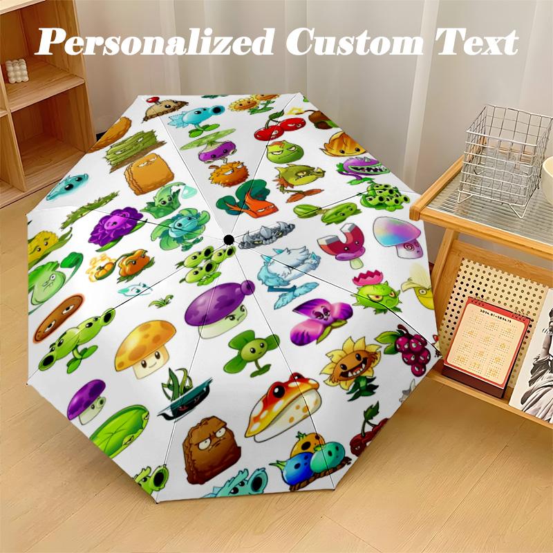 Windproof Folding Umbrella, 8‑Rib Auto Open Close Plants vs. Zombies Umbrella for Rain Sun Protection