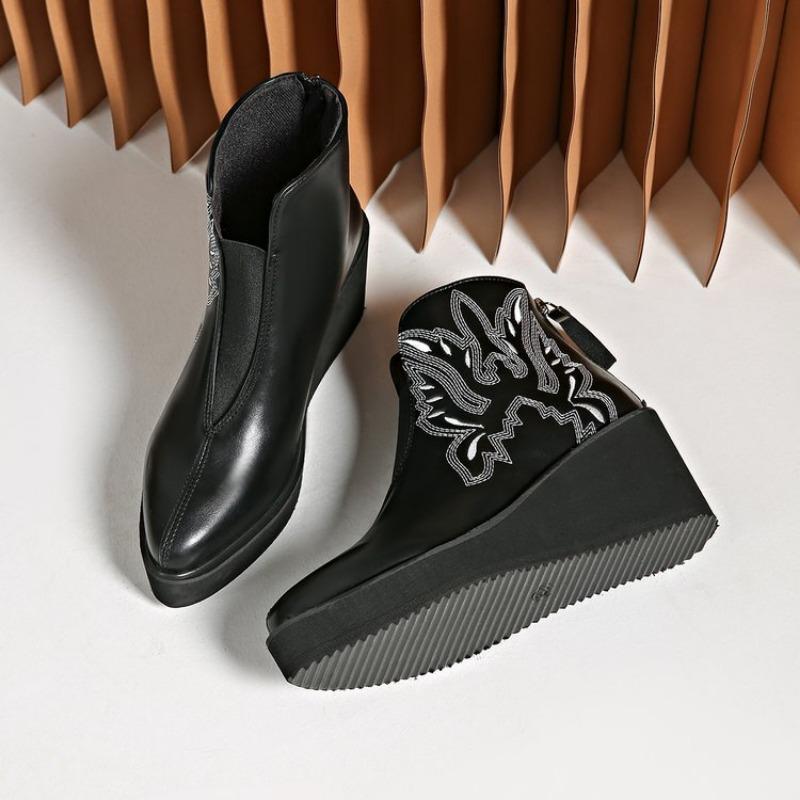 Fashion slope heel thick sole high heel pointed short boots women's embroidered thread pattern women's leather boots